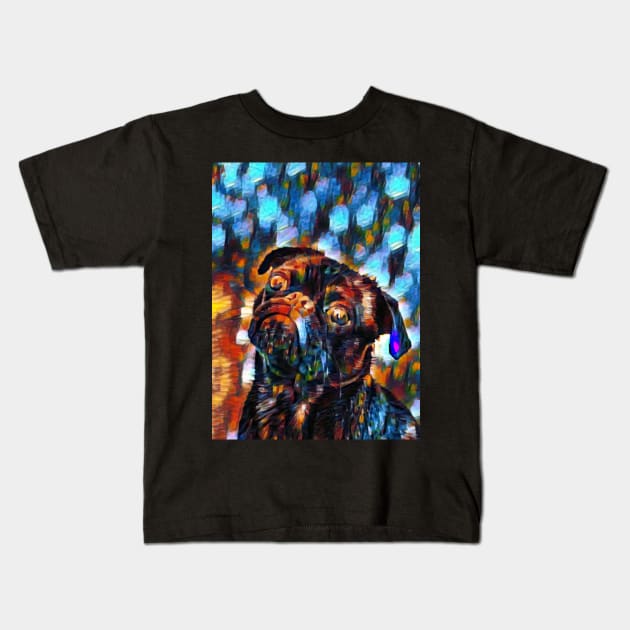 Cute Black Pug Dog Oil Painting Gift Kids T-Shirt by Bohemianz